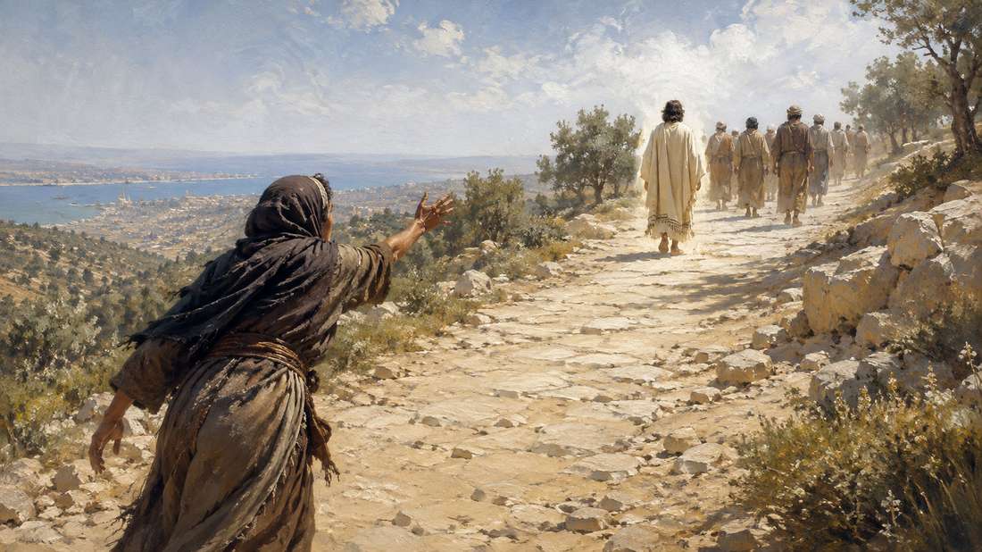 The dusty road north out of Galilee toward Tyre and Sidon under a hard bright sky, a luminous figure walking away with his followers while a lone woman stands behind them on the road, her arm raised, calling after him