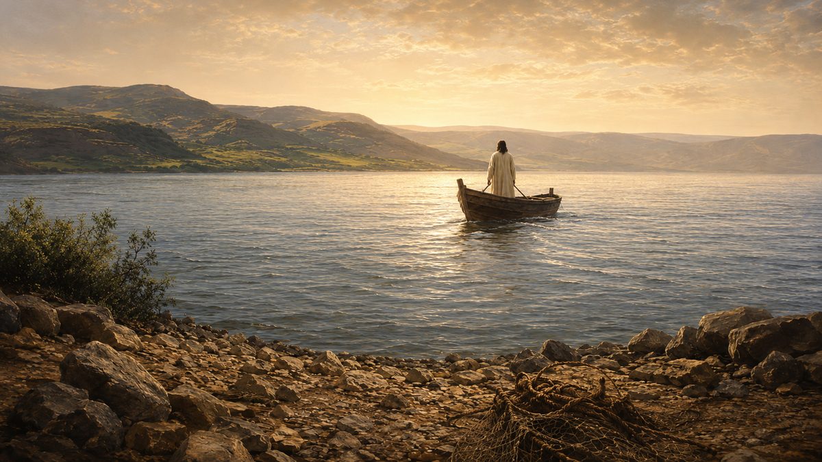 A small first-century fishing boat pulling away from a stony Galilean shore in bright hazy afternoon light, a solitary luminous figure standing in it with his back turned, the near shore empty behind him