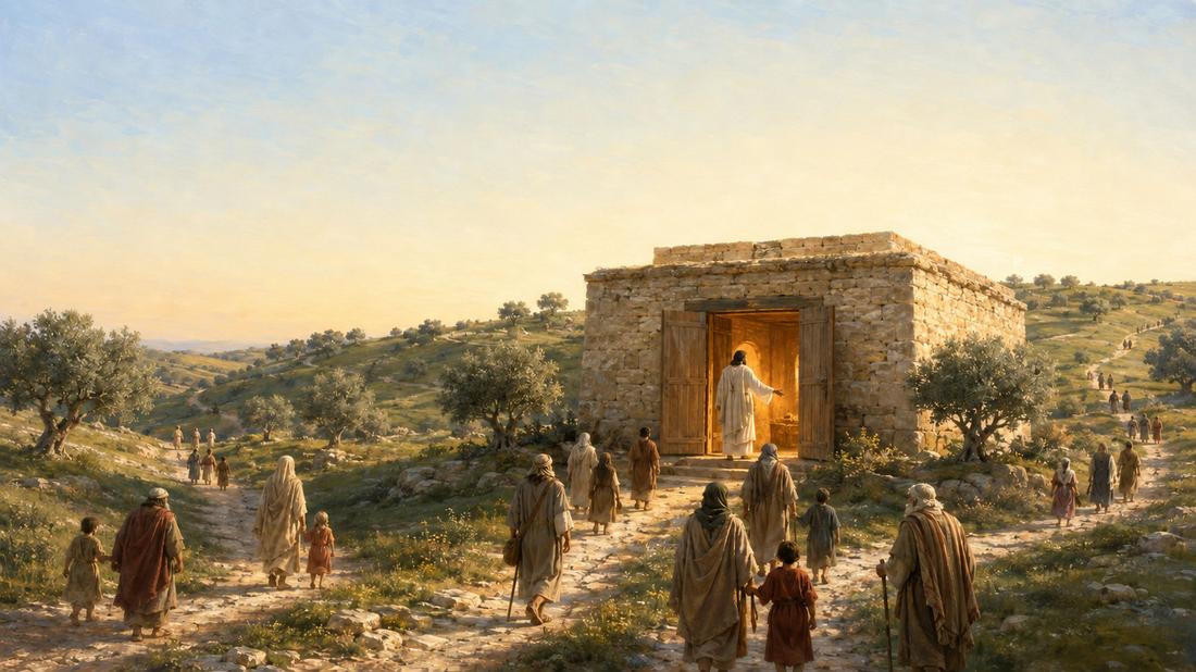 An open door in early morning light, warmth streaming out of a house of prayer while many peoples approach along converging roads from every direction