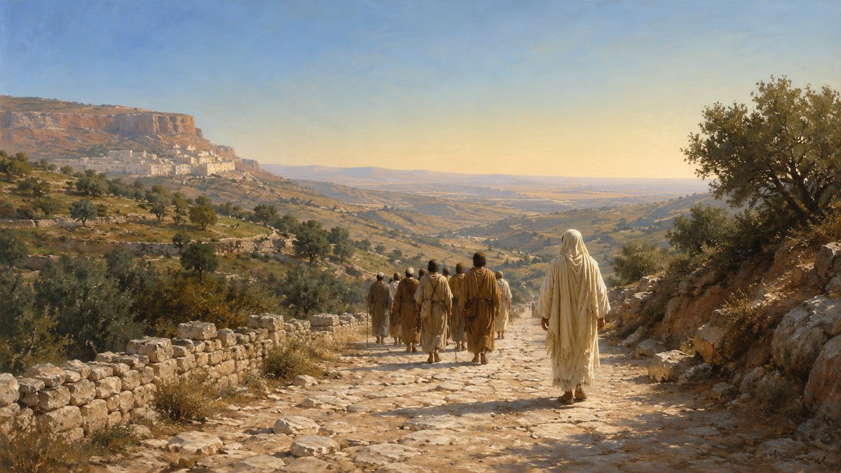 The road running south out of the hill country, the mountain falling away behind, two small figures on the long descent