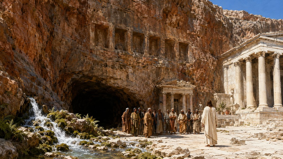 The great rust-streaked rock face of Caesarea Philippi with the dark cave mouth at its foot, a spring running out of it, a shrine cut into the stone and a white marble temple standing before the cliff