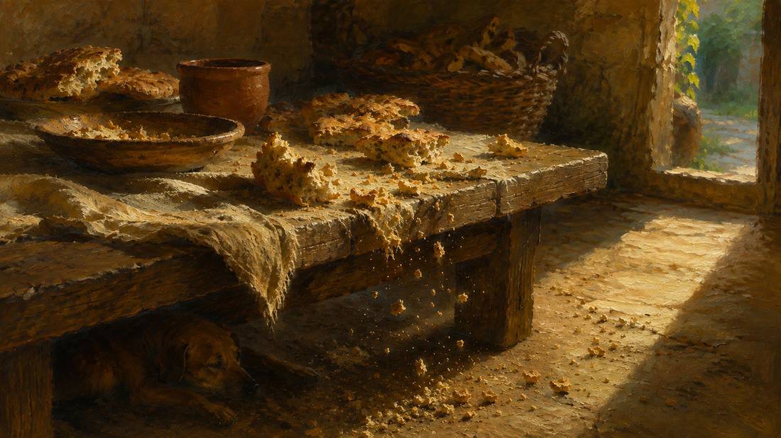 The edge of a rough wooden table with bread broken open, crumbs falling luminous through warm light toward the shadowed floor of a dark room