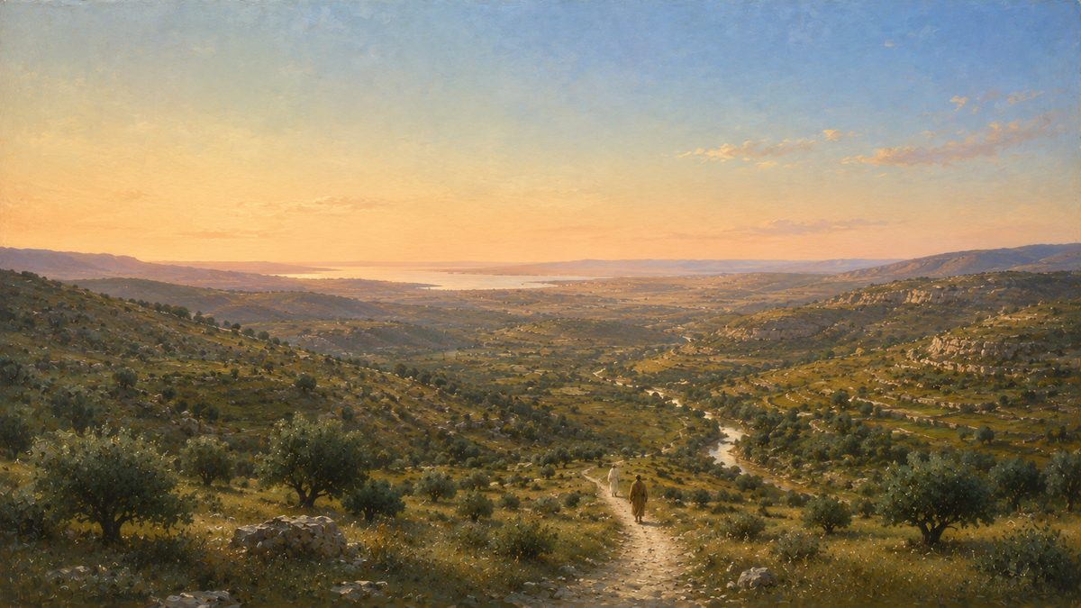 Open country and a wide sky, two figures walking the long road south, one behind the other