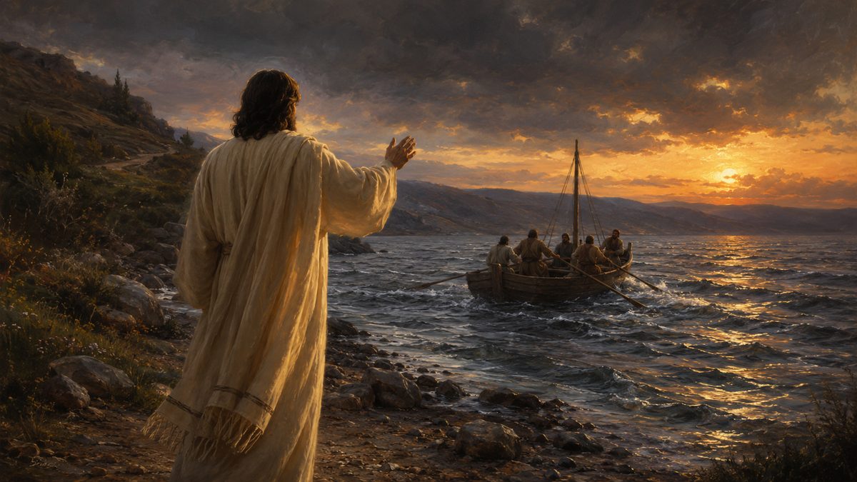 A small first-century fishing boat putting out from a Galilean shore at dusk, a luminous figure on the shore behind it with his arm extended in sending, the water ahead already restless under a darkening sky