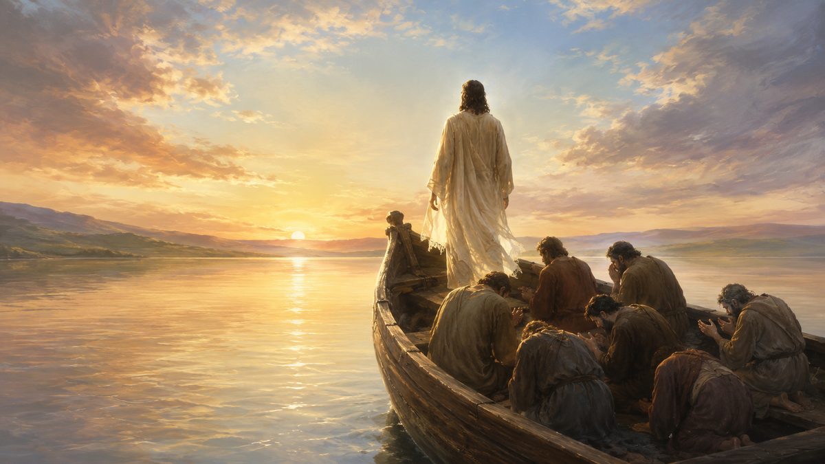 A battered fishing boat at first light, the water calming, the crew bowed low in worship around a standing luminous figure, warm sunrise breaking over deep evening blue