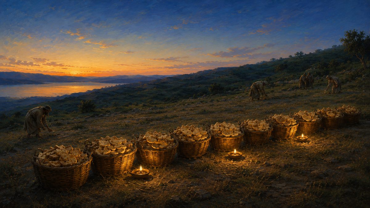 A grassy hillside at nightfall, the crowd gone, twelve small wicker baskets heaped with broken barley bread standing in a loose line on the trampled grass, lit warmly from within against deep evening blue