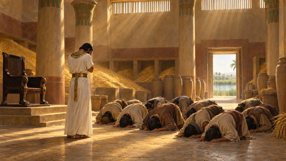 A granary hall in Egypt, a raised seat standing empty, a man in linen weeping with his back to the seat while his brothers bow
