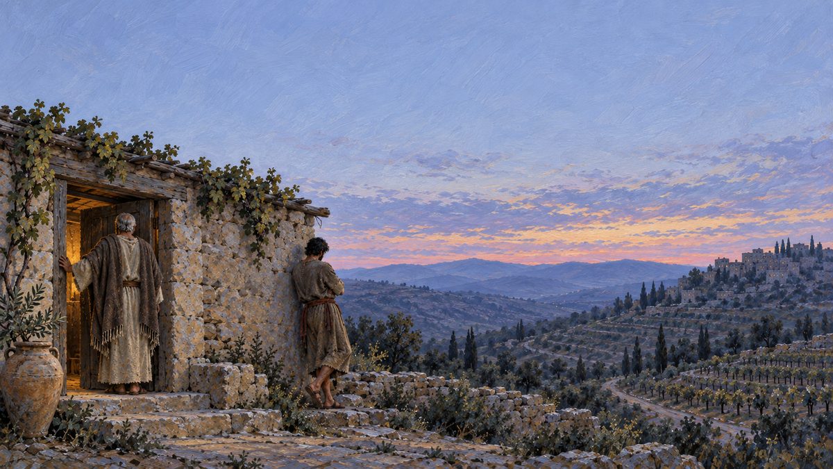 A father standing at the open doorway of a small stone house at first light, seen from behind, speaking to a young man who leans against the doorframe with his back half-turned, terraced vine rows pale on the hillside beyond