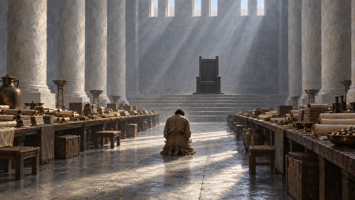 A great hall of accounts at first light, ledgers and tally-boards on long tables, one man kneeling small before an empty seat