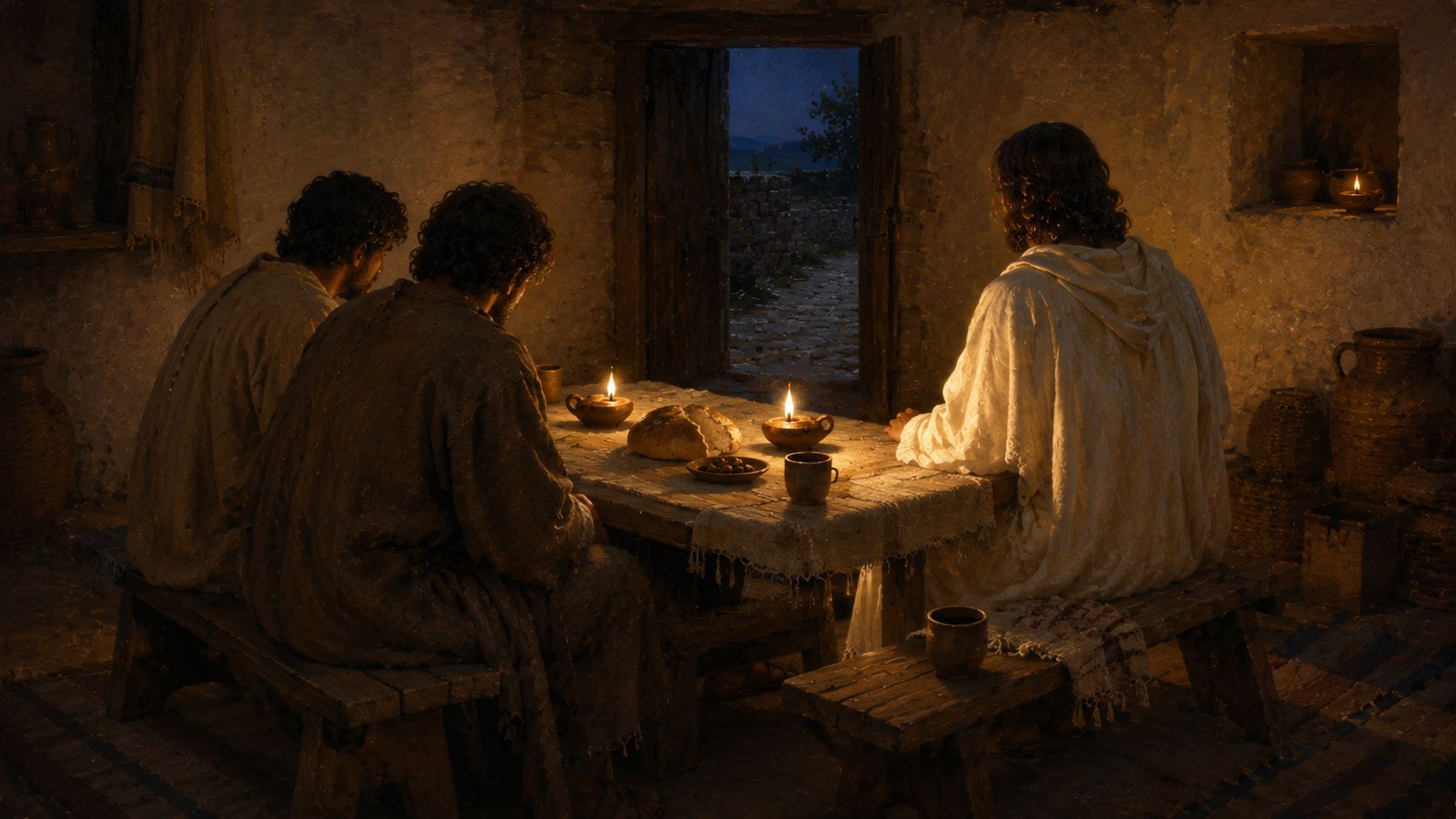 A small table set and waiting, two or three seated, one place still open
