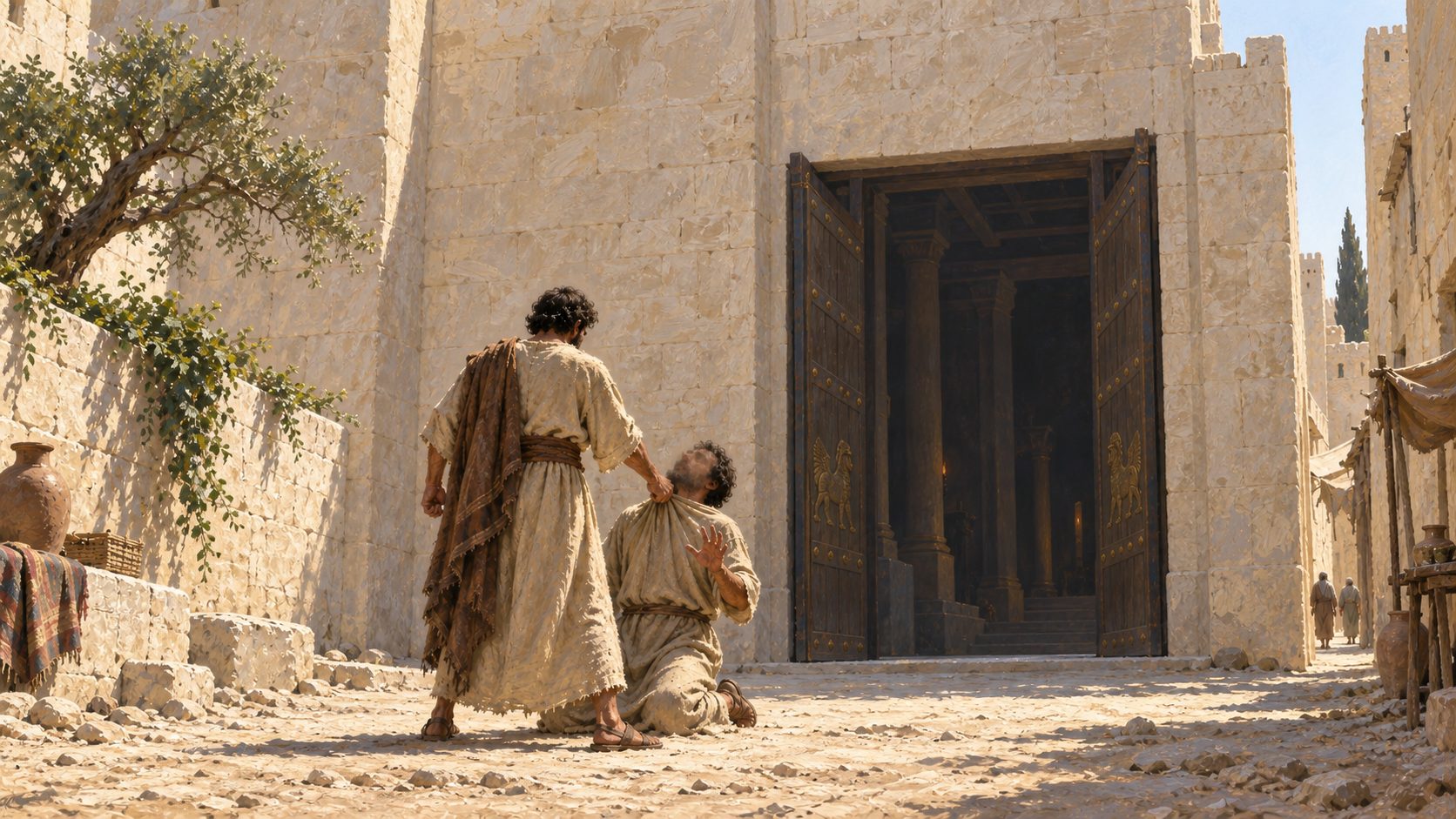 A narrow street outside a palace gate, one man gripping another by the collar, the second on his knees
