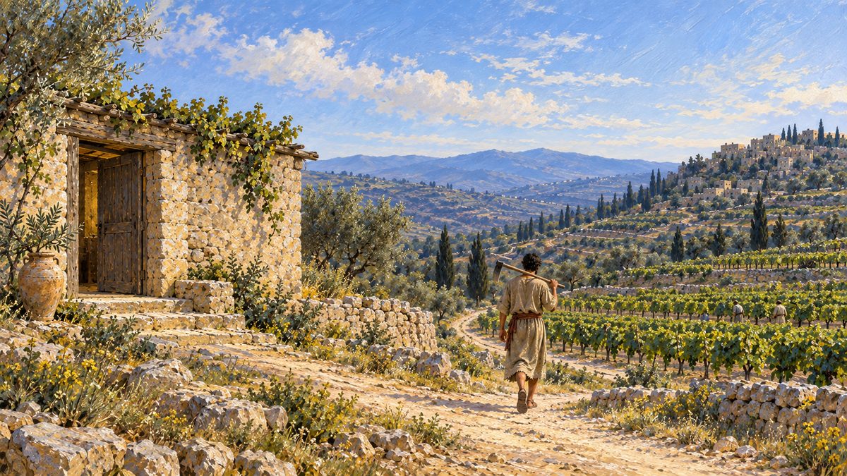 The same doorway at mid-morning, empty now, and on the dirt road below it a young man walking away from the house toward the vineyard on the hill, seen from behind, a hoe over his shoulder