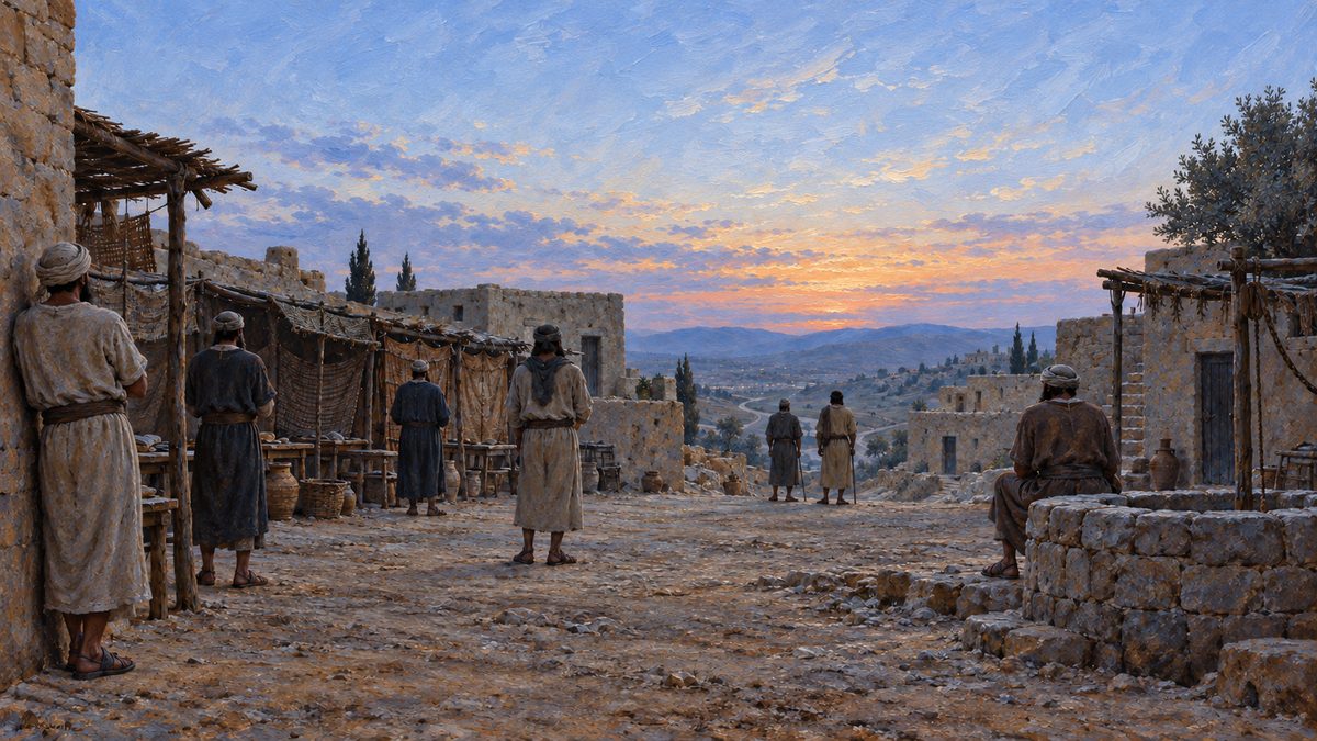 A village marketplace at first light, working men standing about in ones and twos against shuttered stalls and a stone well, waiting to be hired, all seen from behind