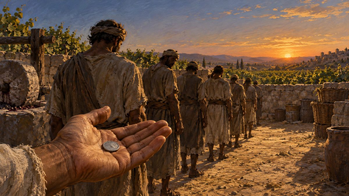 A vineyard courtyard at sunset, a weathered open palm in the foreground holding a single small silver coin, and beyond it a line of tired laborers seen from behind, one of them turning to look back down the row