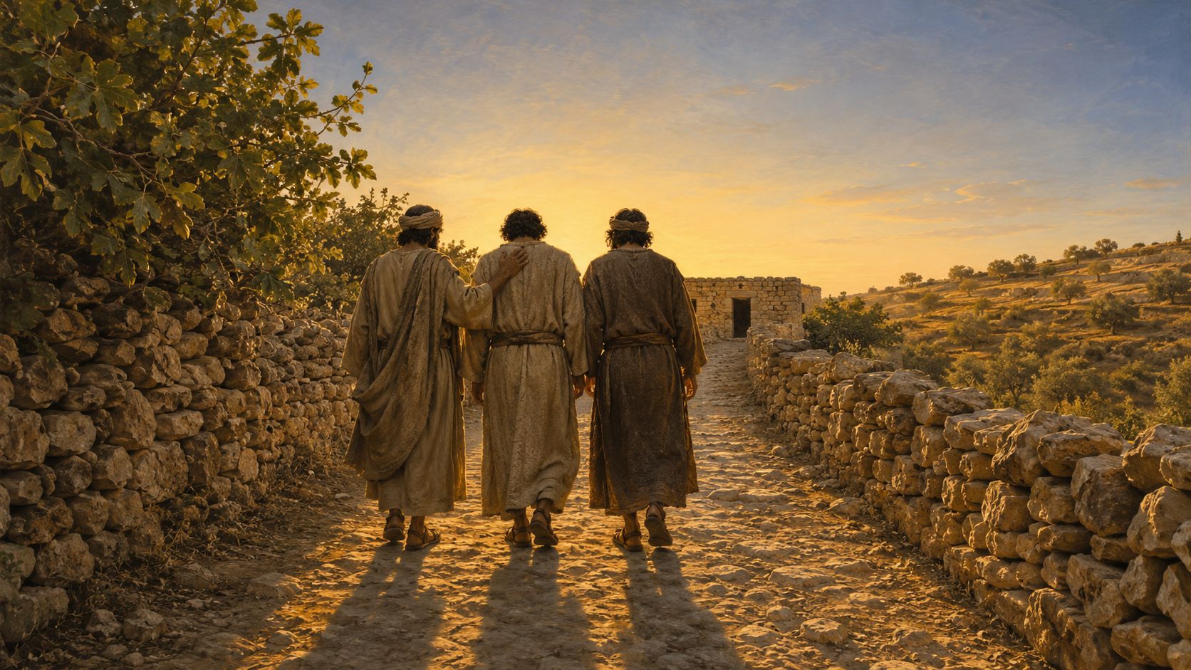 Three figures walking the same road together, toward something unseen