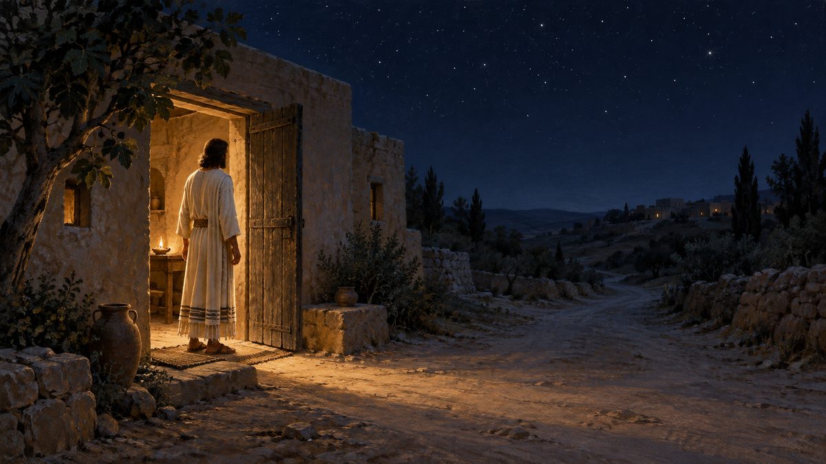 A small village house at night under a field of stars, its wooden door standing open with warm lamplight spilling across the empty dirt road, a robed figure standing in the lit doorway seen from behind
