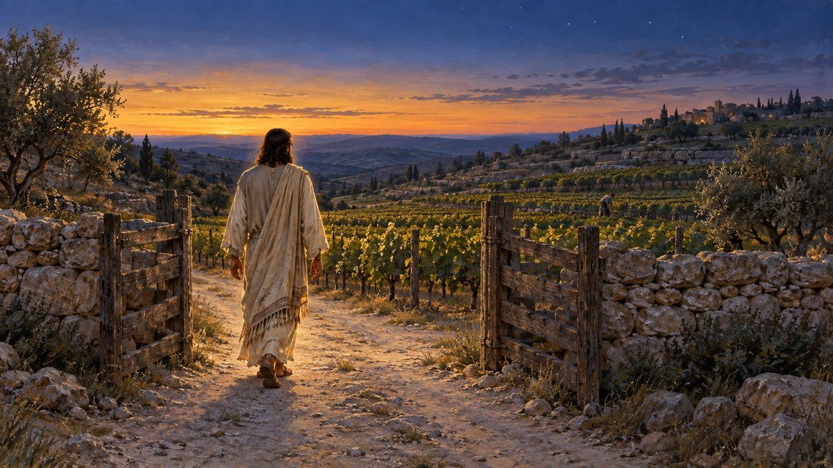 A vineyard road at dusk, a wooden gate standing open in a drystone wall, and a luminous robed figure walking away from the viewer down the road toward the vine rows where one small figure is still at work in the last light