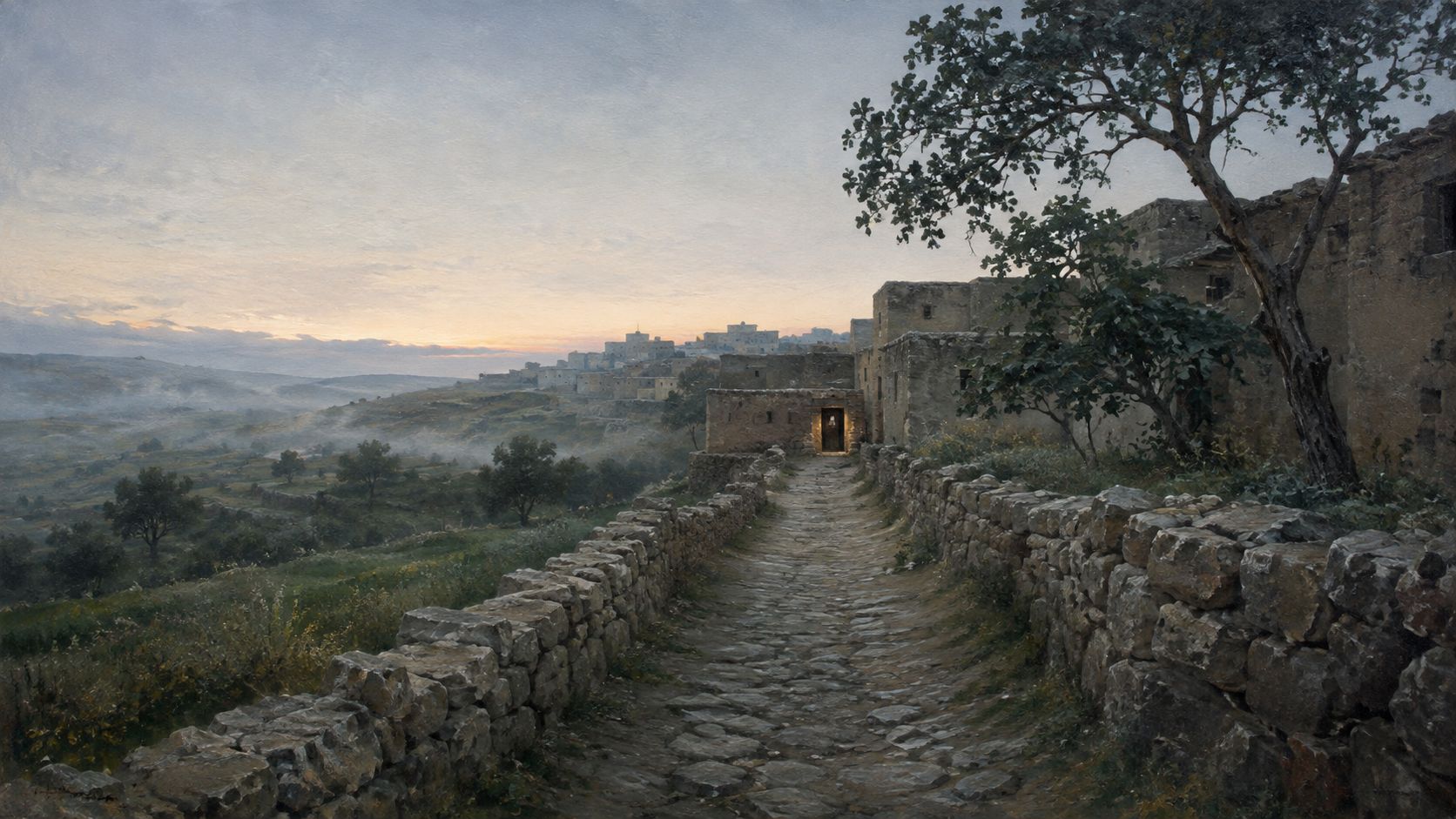 An empty road running toward a doorway standing open