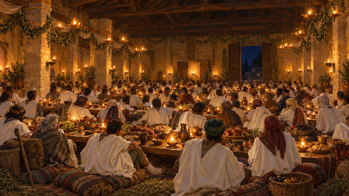 A wedding hall at night filled with guests from the roads seated at long tables under oil lamps, every one of them wearing a simple white robe over their own clothes, bread and fruit and poured cups before them, and no king or throne anywhere