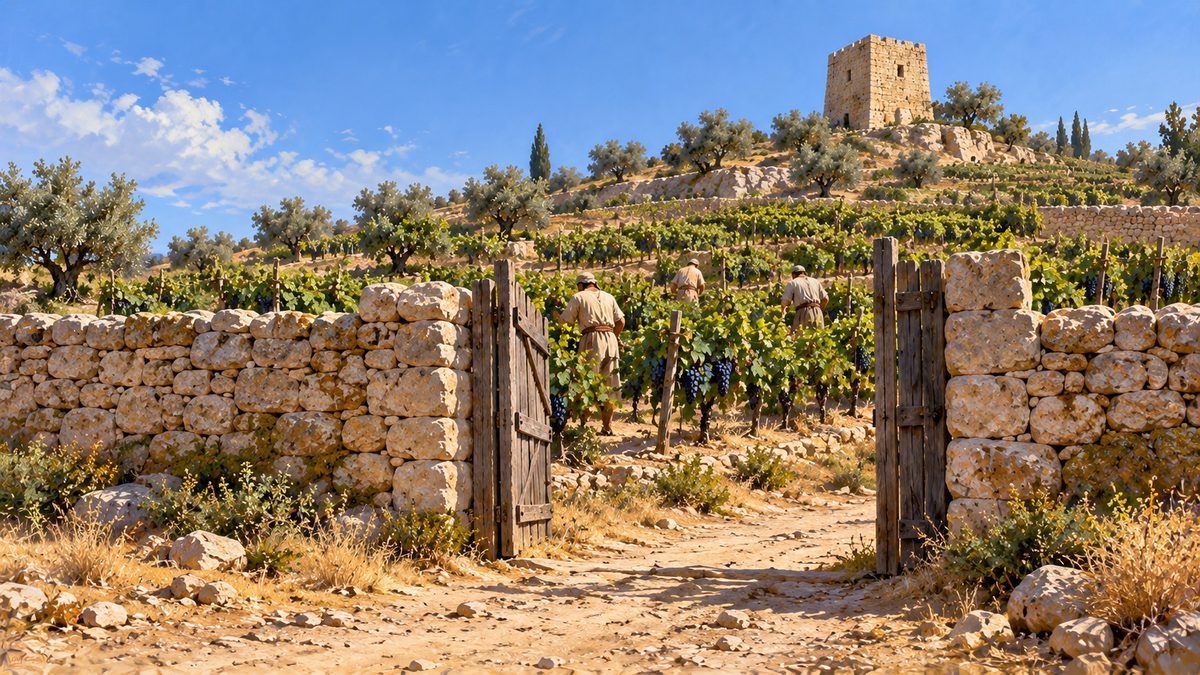 A rough wooden gate standing open in a long drystone vineyard wall at noon, the track outside it empty, and through the gate new workers among the vine rows seen from behind, the watchtower on the hill beyond
