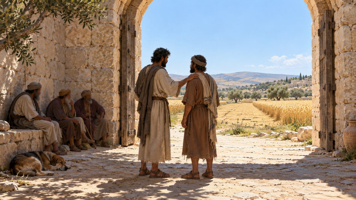 A village gate at noon: two men standing face to face in honest conversation under the arch, elders seated on the stone bench behind them, a harvested field edge and hills beyond