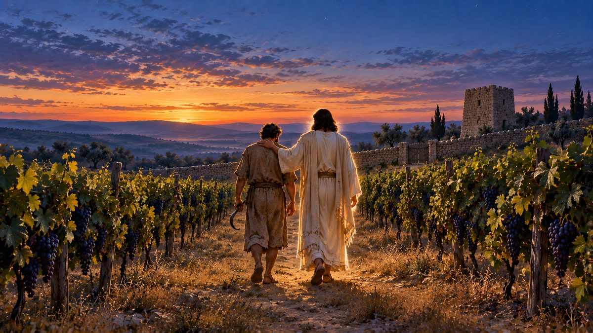 Blue hour in a vineyard, two figures walking away down a grassy path between the vine rows toward the far wall and tower, a luminous robed figure with his hand resting on the shoulder of an ordinary worker beside him, both seen from behind