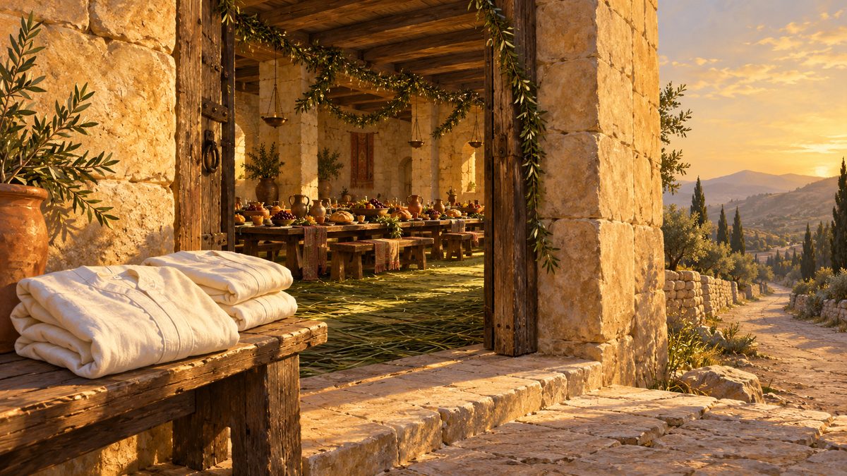 A white linen robe folded on a wooden bench beside the open door of a stone banquet hall in late afternoon light, long tables laid inside under olive garlands and hanging lamps, a road running off past the wall into golden hills, and no one anywhere in the frame