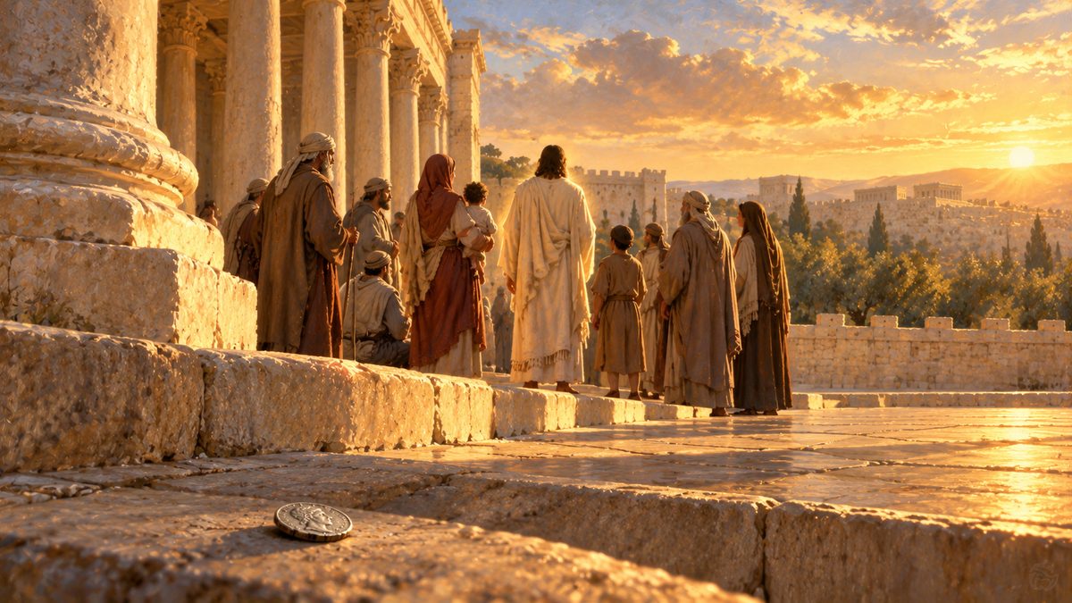 Long gold evening light across the broad stone steps of a temple court, a tall quietly luminous figure in a simple robe seen from behind among a small group of ordinary people, a single coin left small and forgotten on the step in the foreground