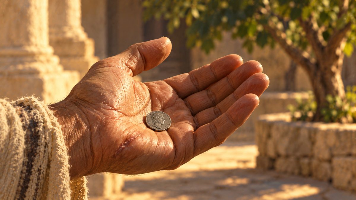 An extreme close-up of a weathered, work-worn open palm in warm side-light, a small worn silver coin resting in it, the light falling on the hand rather than the coin