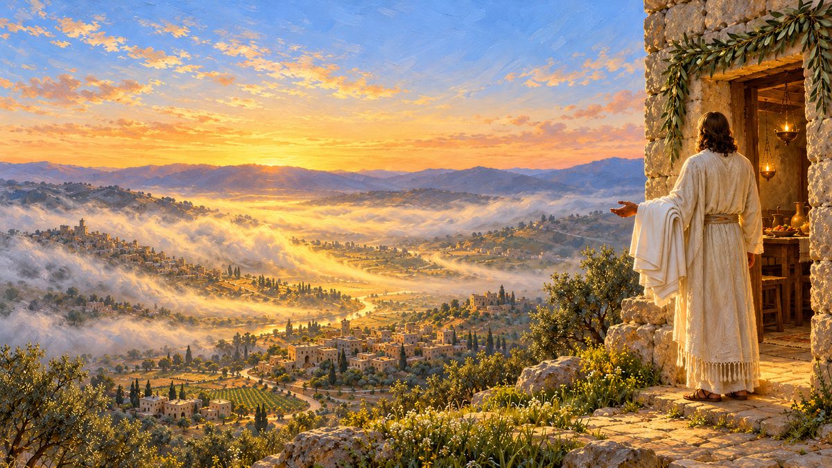 Dawn on a mountain: a luminous robed figure seen from behind at the lit door of a banquet hall with a folded white linen robe over his near arm, his far hand open toward a wide valley below where a long grey veil of mist is lifting off villages and fields into gold light