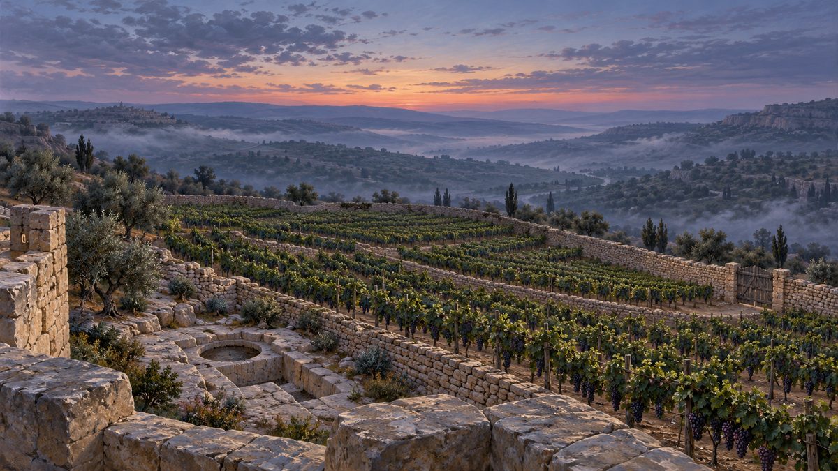 A terraced hillside vineyard at first light seen from the parapet of a stone watchtower, rows of vines heavy with fruit stepping down the slope inside a drystone wall with one closed gate, a wine vat cut into bedrock near the tower's foot, and no one anywhere in it