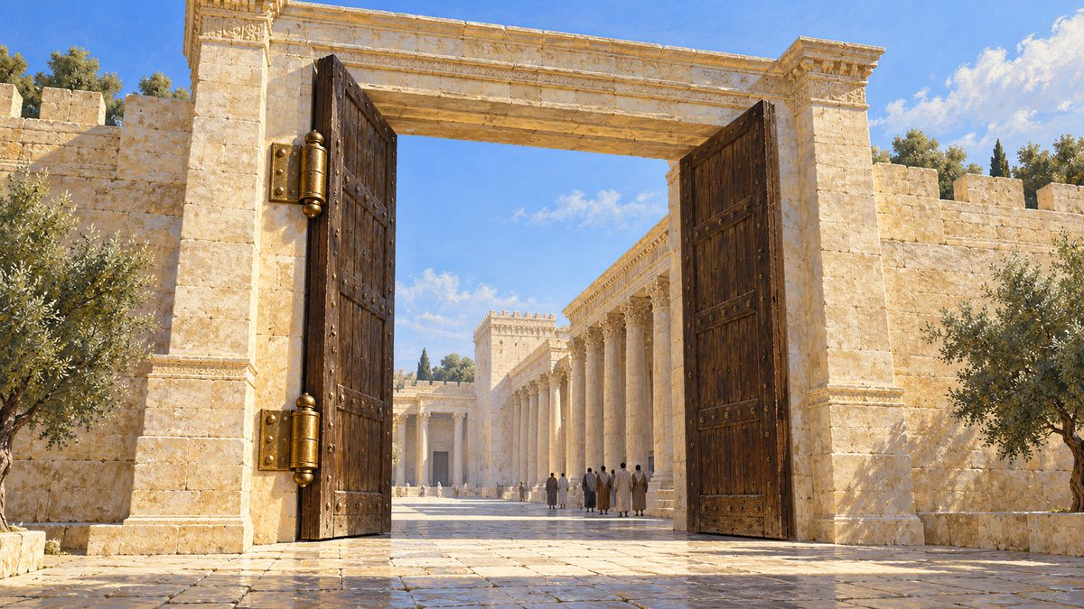 The great cedar gate of an ancient temple court standing open on two massive bronze hinges in bright morning sun, pale limestone walls and colonnade beyond, a few small figures far off, no face resolved