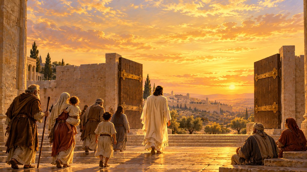 Gold evening light: a tall quietly luminous robed figure seen from behind walking out through the great open temple gate, its two bronze hinges catching the last light, ordinary people on the steps around him