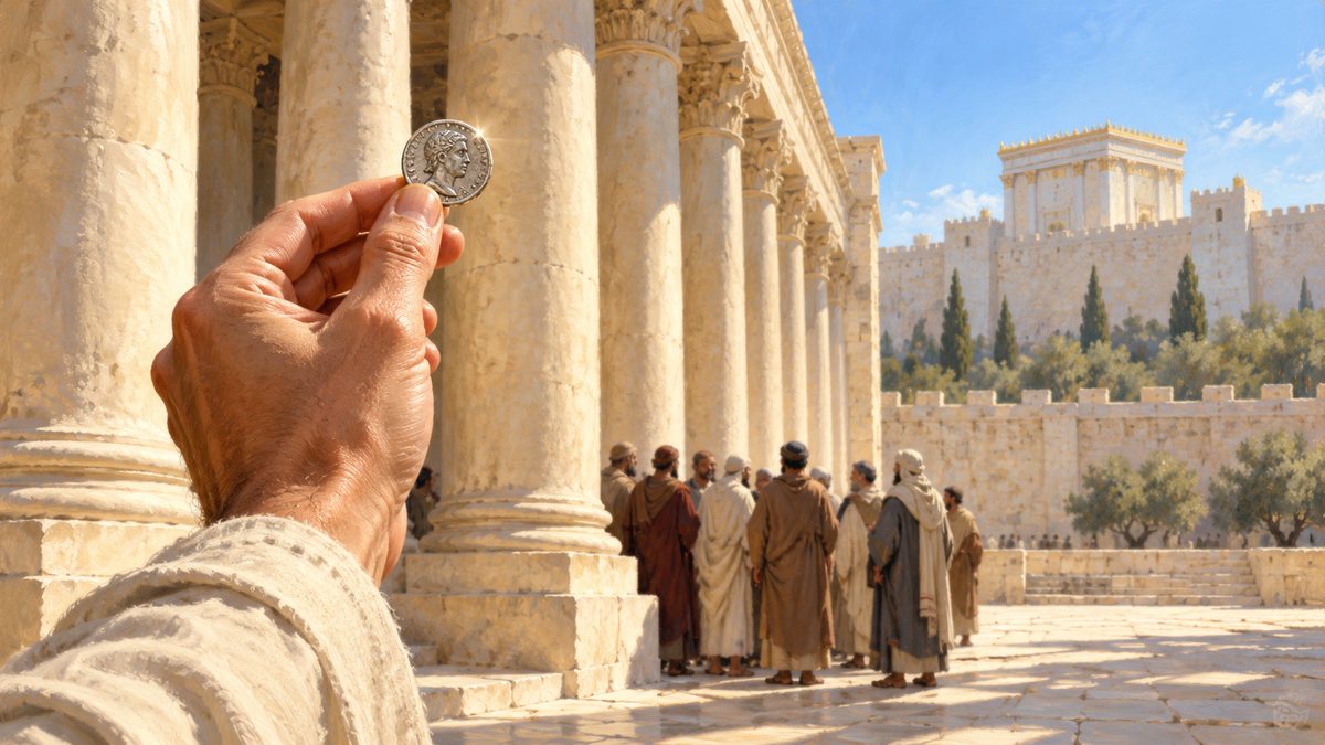 A small worn silver coin held up between two fingers in the bright late-morning sun of an ancient temple court, pale limestone columns and the temple wall beyond, a group of ordinary first-century men seen from behind at a distance, no face resolved